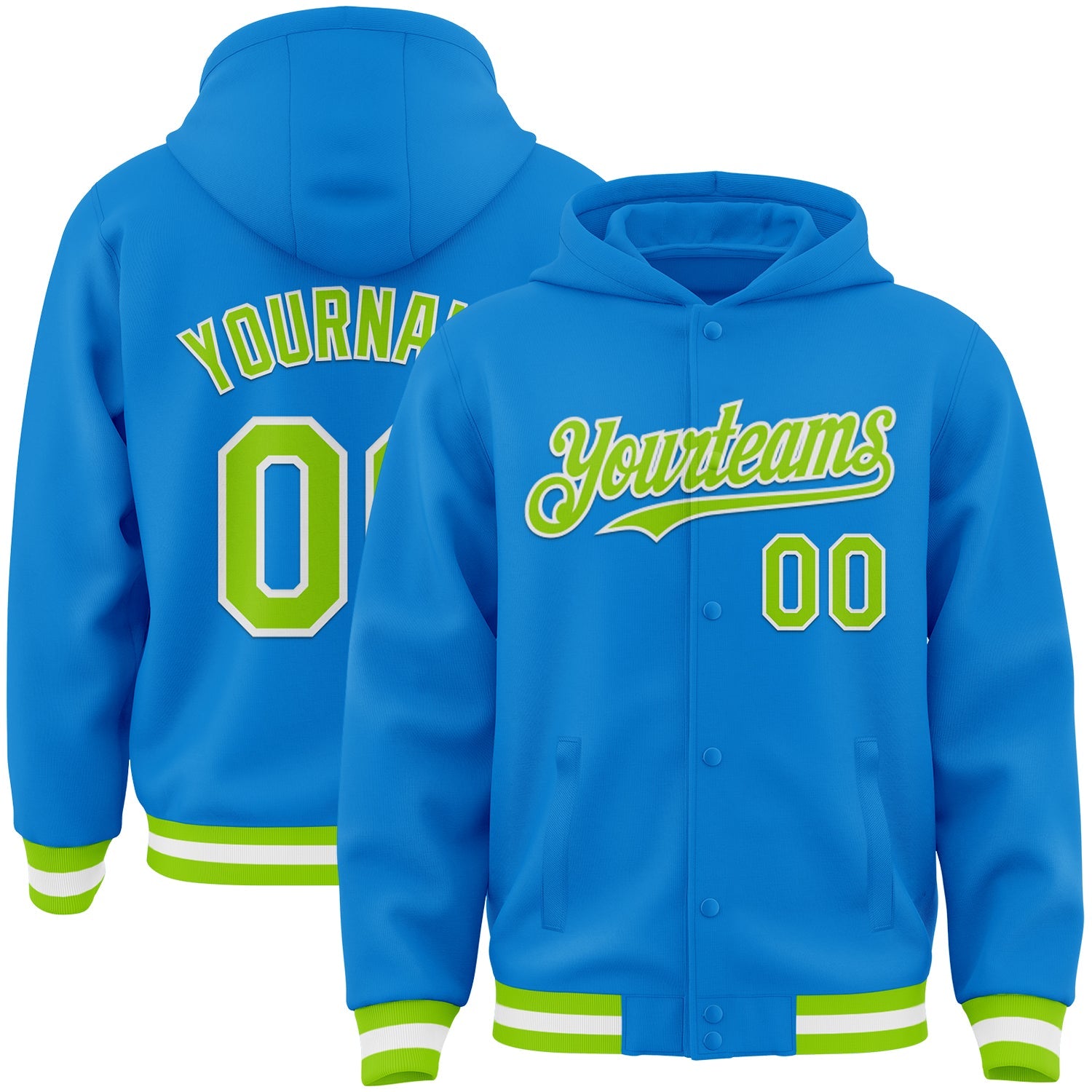 Custom Powder Blue Neon Green-White Bomber Full-Snap Varsity Letterman Hoodie Jacket - Main View