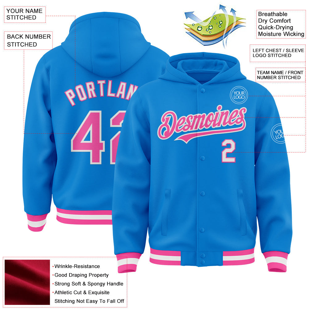 Custom Powder Blue Pink-White Bomber Full-Snap Varsity Letterman Hoodie Jacket view 3