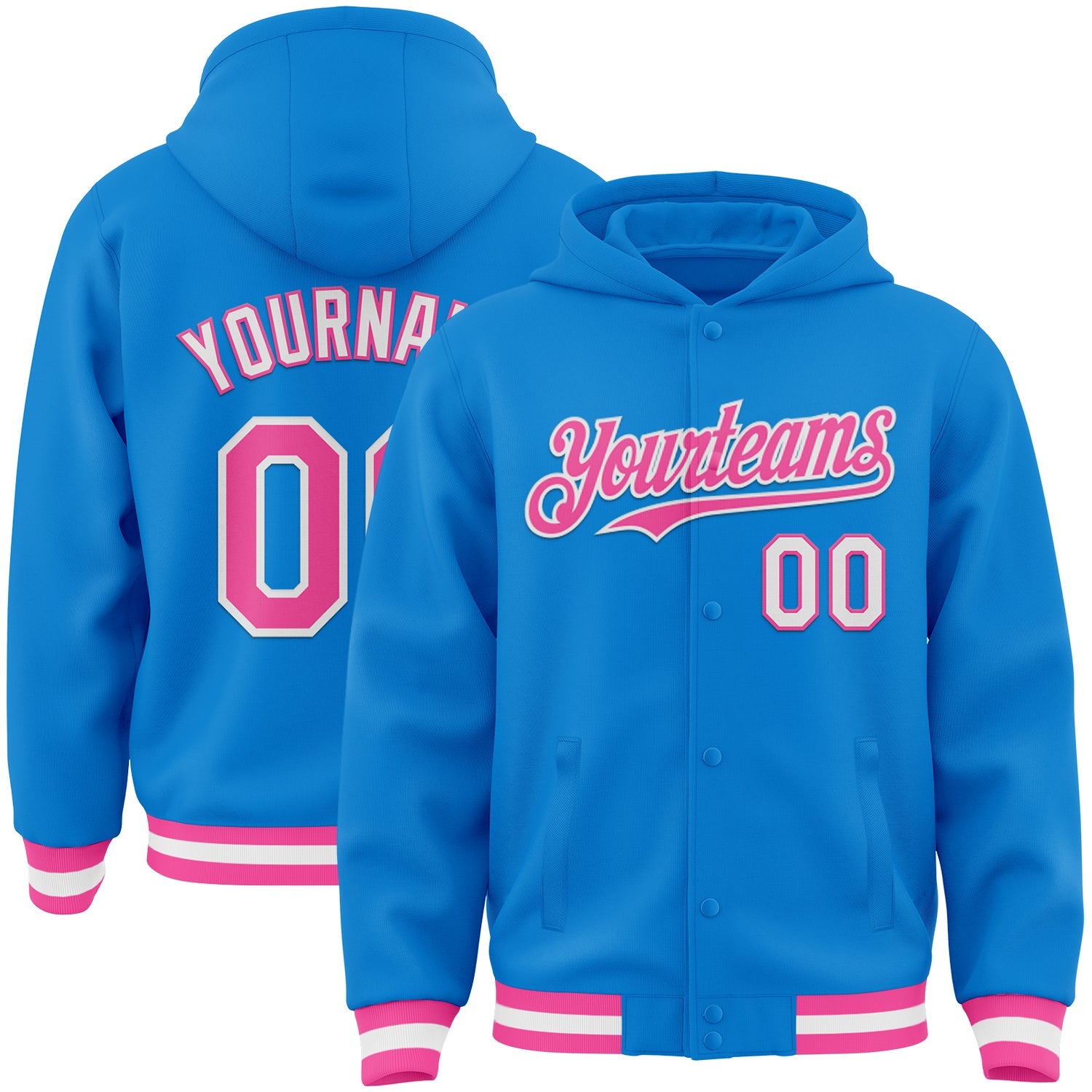 Custom Powder Blue Pink-White Bomber Full-Snap Varsity Letterman Hoodie Jacket - Main View