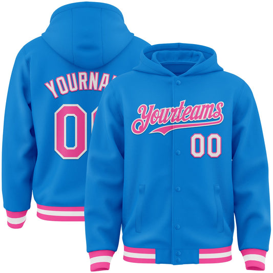 Custom Powder Blue Pink-White Bomber Full-Snap Varsity Letterman Hoodie Jacket - Main View