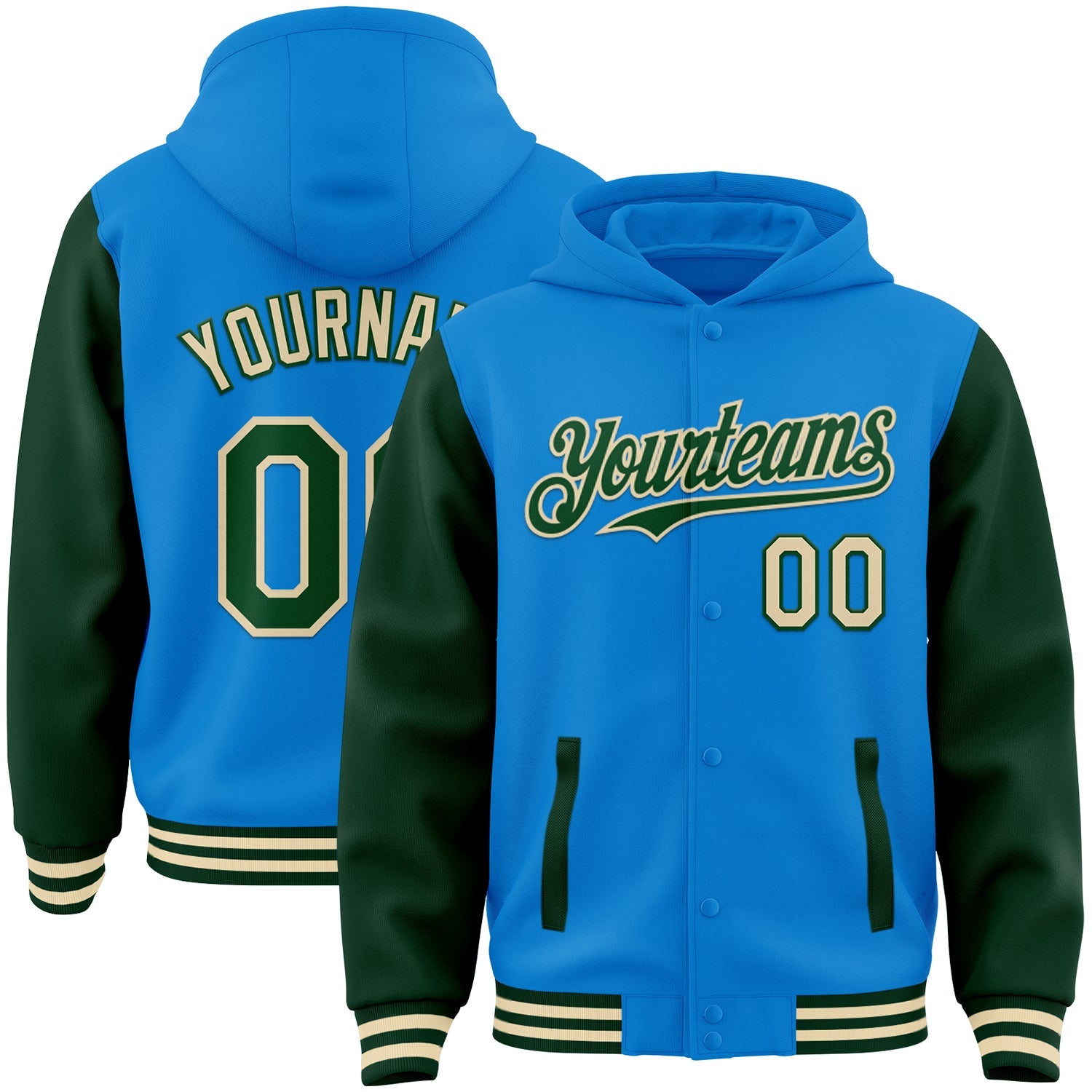 Custom Powder Blue Green-Cream Bomber Full-Snap Varsity Letterman Two Tone Hoodie Jacket - Main View