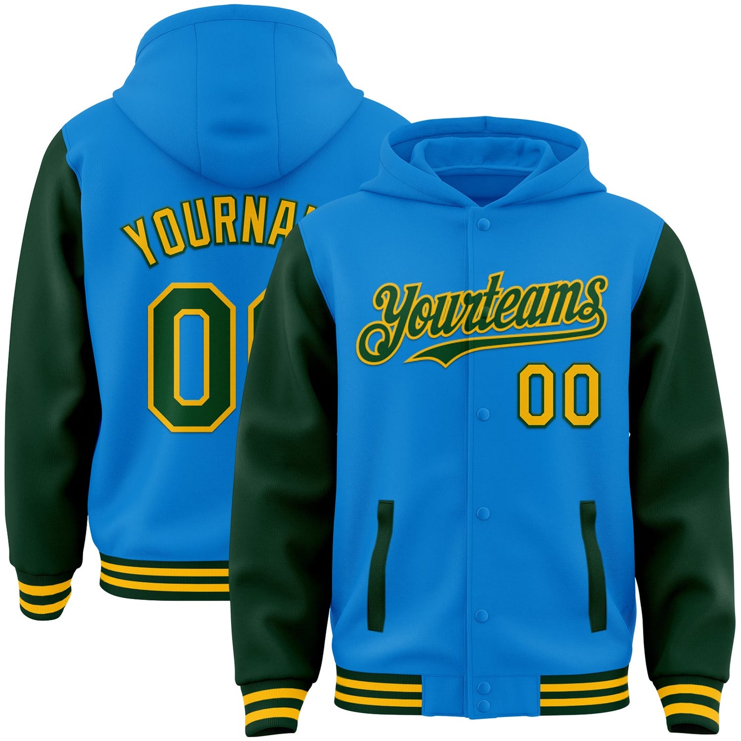 Custom Powder Blue Green-Gold Bomber Full-Snap Varsity Letterman Two Tone Hoodie Jacket - Main View
