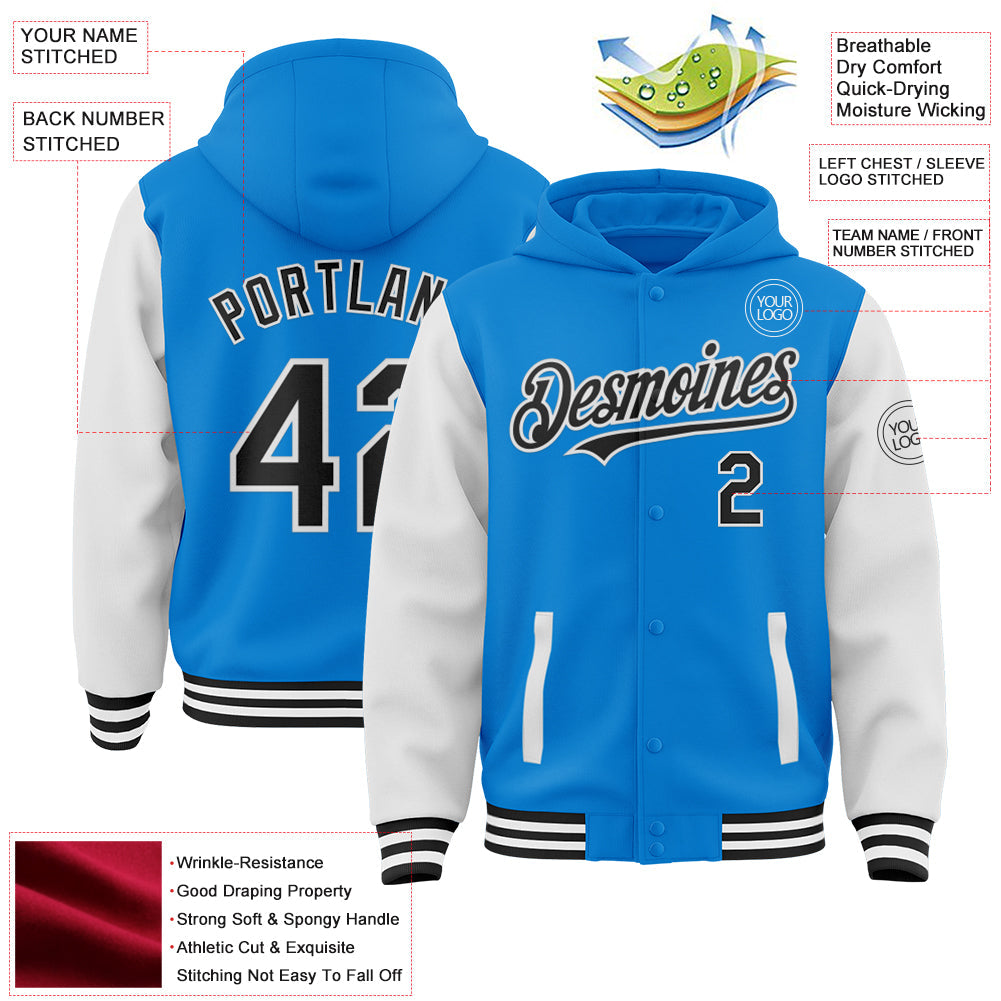 Custom Powder Blue Black-White Bomber Full-Snap Varsity Letterman Two Tone Hoodie Jacket view 3