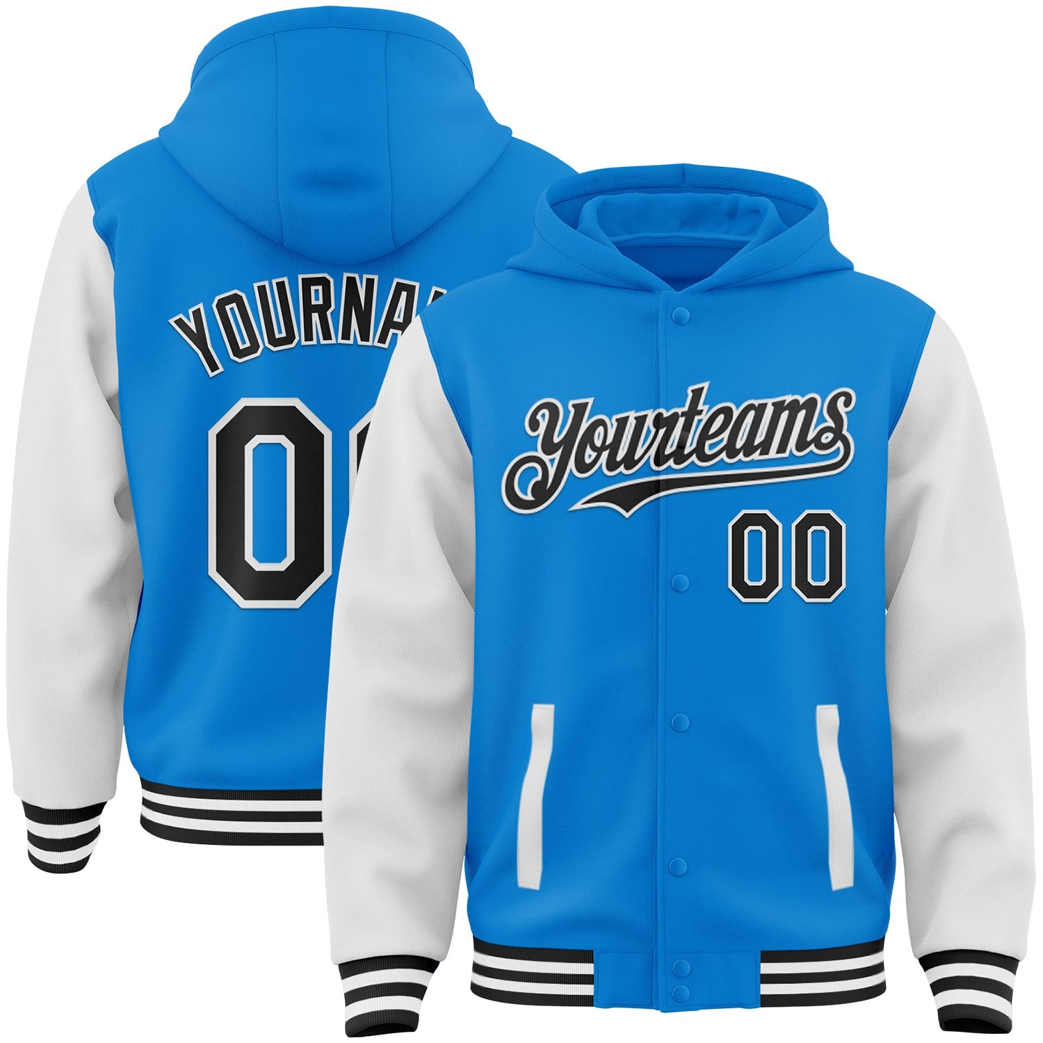 Custom Powder Blue Black-White Bomber Full-Snap Varsity Letterman Two Tone Hoodie Jacket - Main View