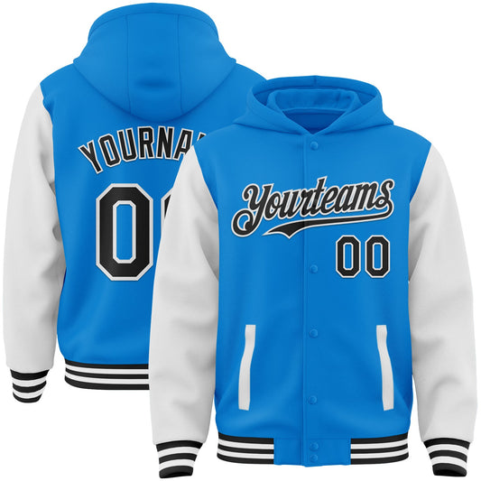 Custom Powder Blue Black-White Bomber Full-Snap Varsity Letterman Two Tone Hoodie Jacket - Main View