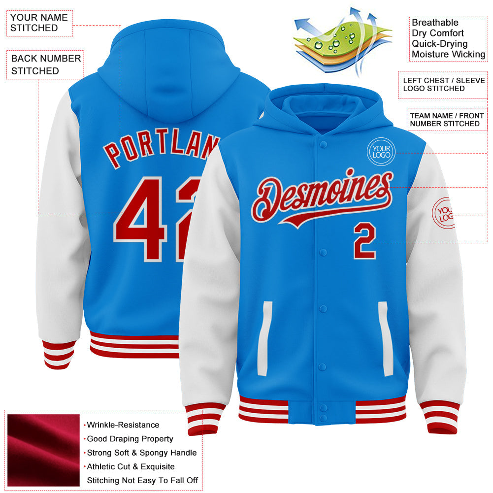 Custom Powder Blue Red-White Bomber Full-Snap Varsity Letterman Two Tone Hoodie Jacket view 3