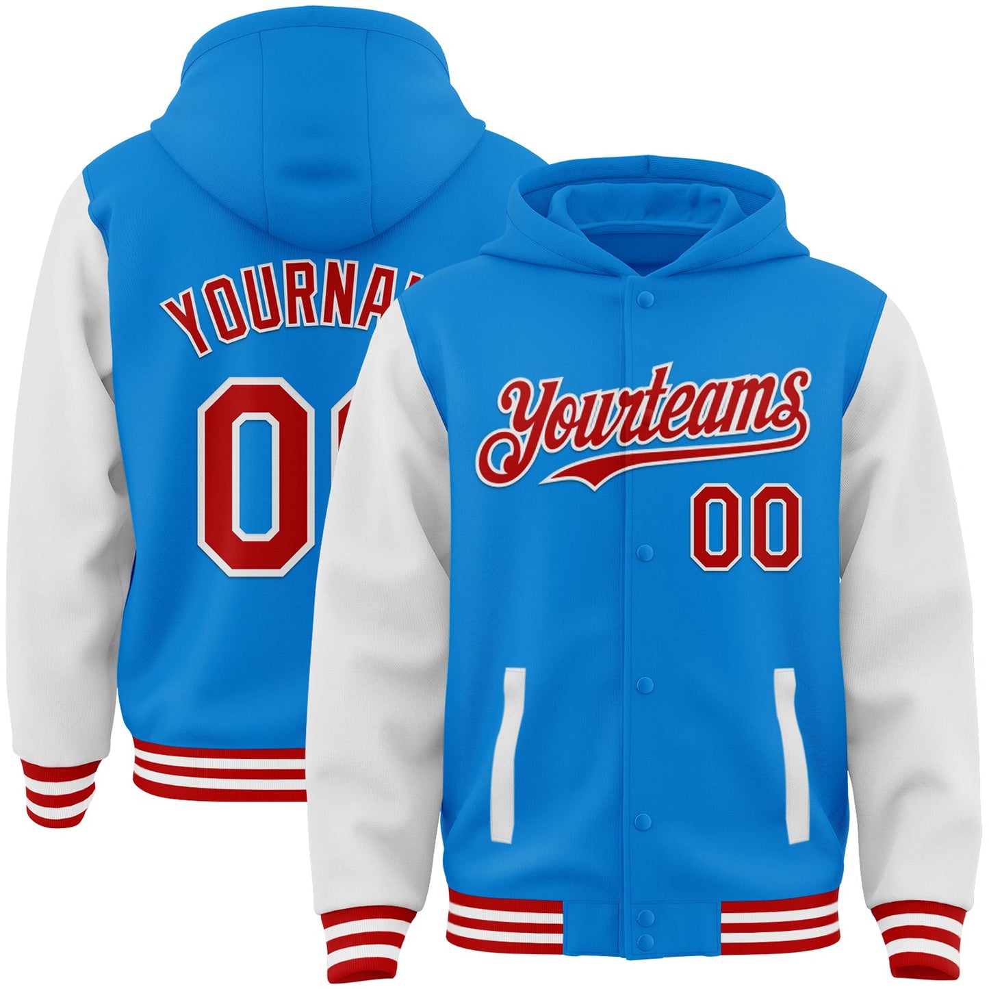 Custom Powder Blue Red-White Bomber Full-Snap Varsity Letterman Two Tone Hoodie Jacket - Main View