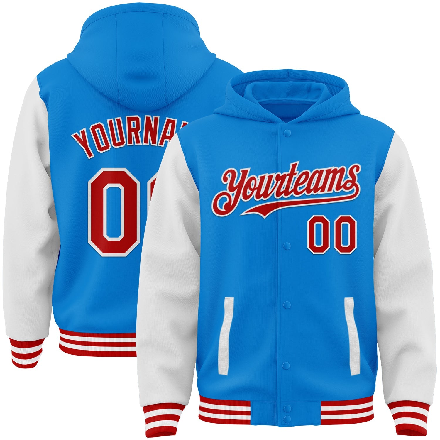 Custom Powder Blue Red-White Bomber Full-Snap Varsity Letterman Two Tone Hoodie Jacket - Main View