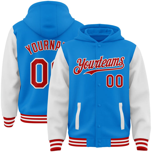 Custom Powder Blue Red-White Bomber Full-Snap Varsity Letterman Two Tone Hoodie Jacket - Main View