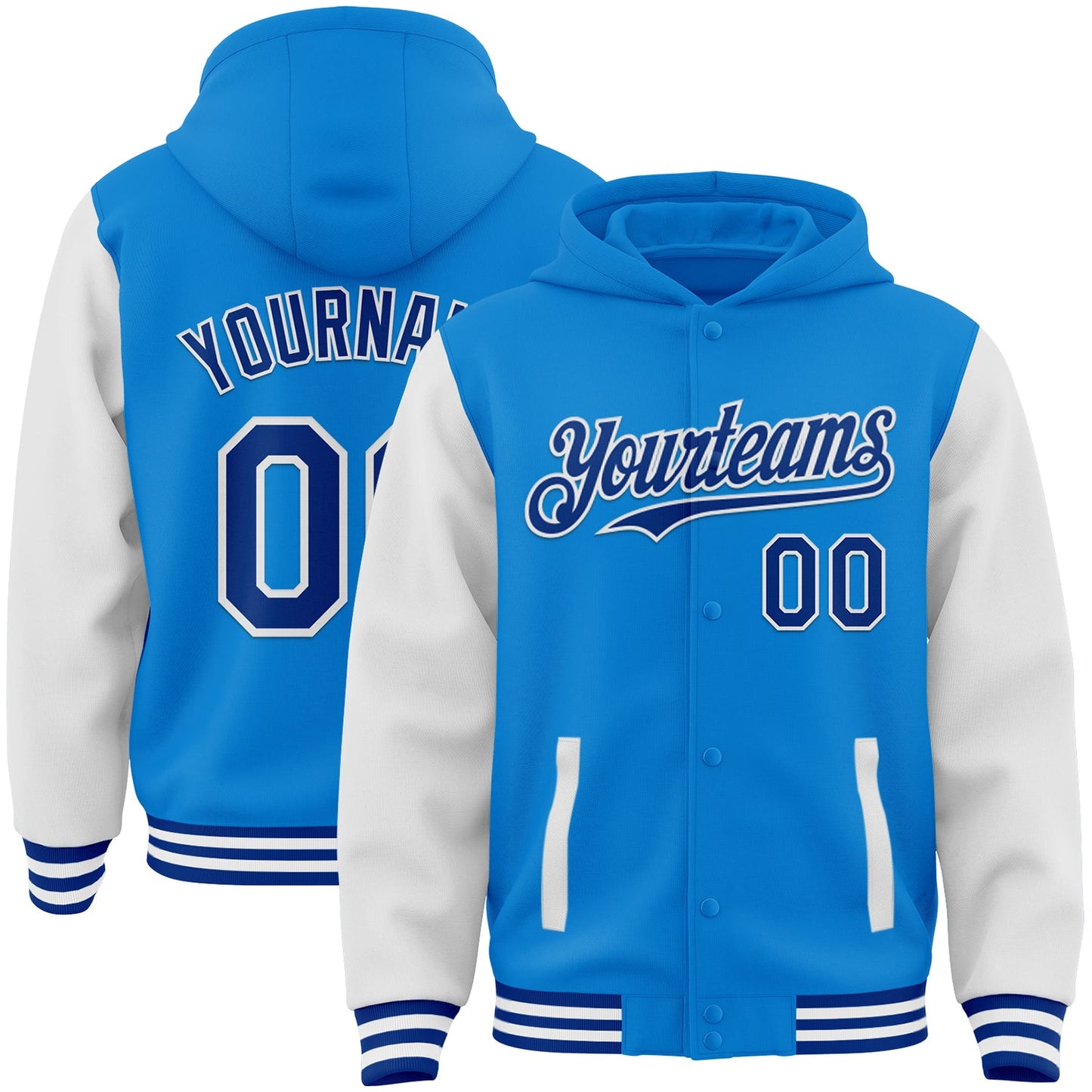 Custom Powder Blue Royal-White Bomber Full-Snap Varsity Letterman Two Tone Hoodie Jacket - Main View
