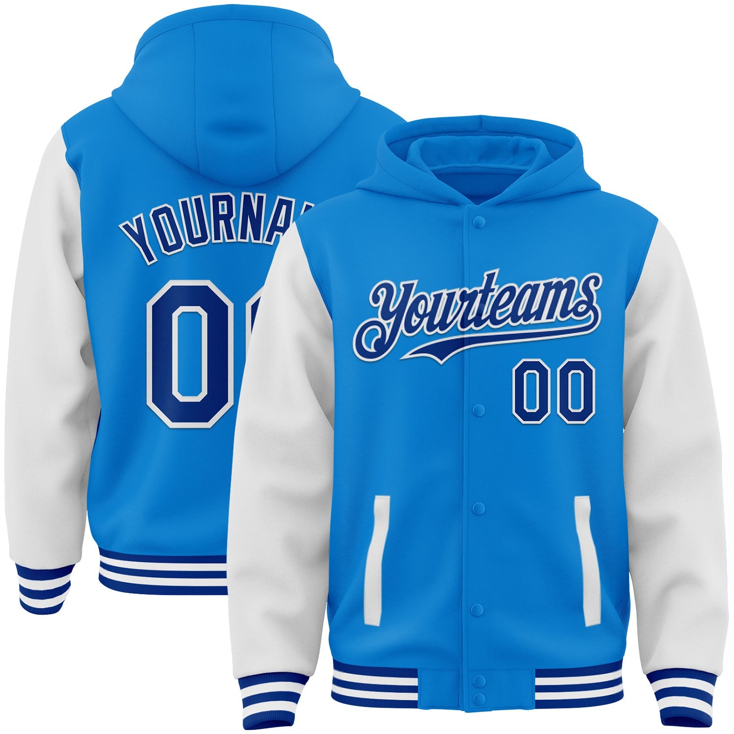 Custom Powder Blue Royal-White Bomber Full-Snap Varsity Letterman Two Tone Hoodie Jacket - Main View