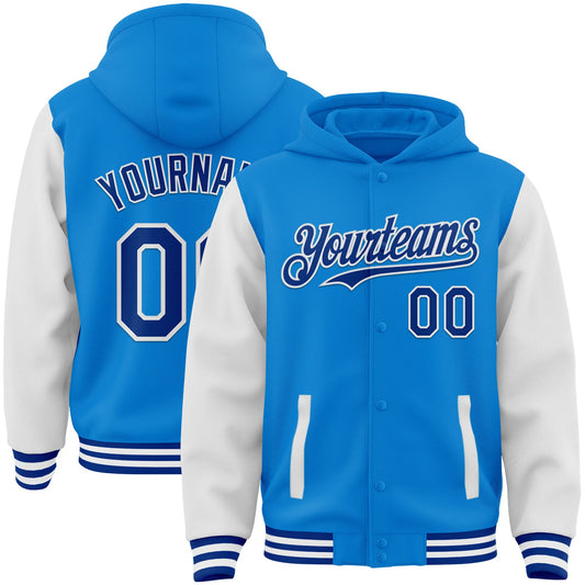 Custom Powder Blue Royal-White Bomber Full-Snap Varsity Letterman Two Tone Hoodie Jacket - Main View
