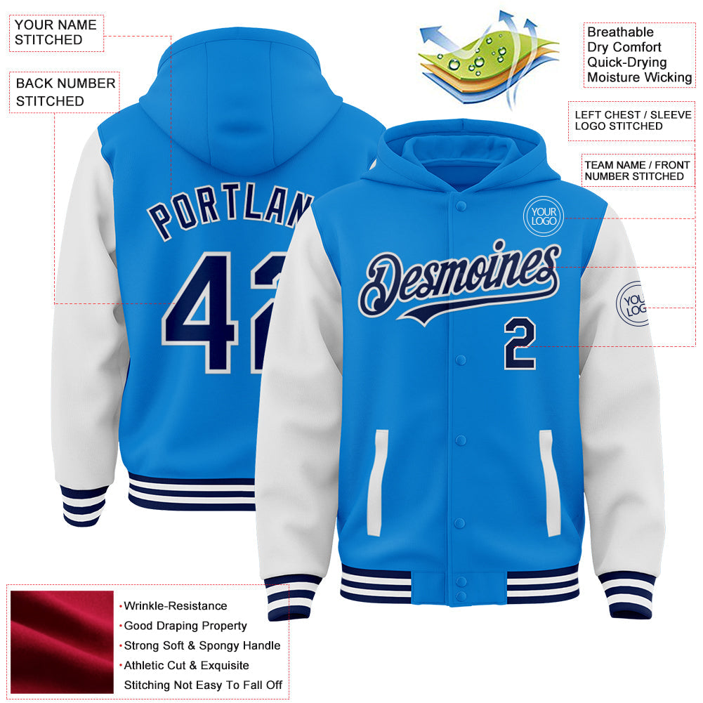 Custom Powder Blue Navy-White Bomber Full-Snap Varsity Letterman Two Tone Hoodie Jacket view 3