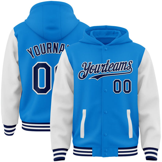 Custom Powder Blue Navy-White Bomber Full-Snap Varsity Letterman Two Tone Hoodie Jacket - Main View