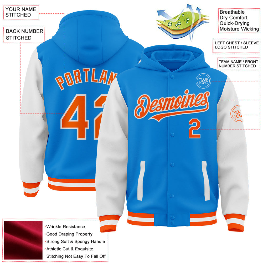 Custom Powder Blue Orange-White Bomber Full-Snap Varsity Letterman Two Tone Hoodie Jacket view 3