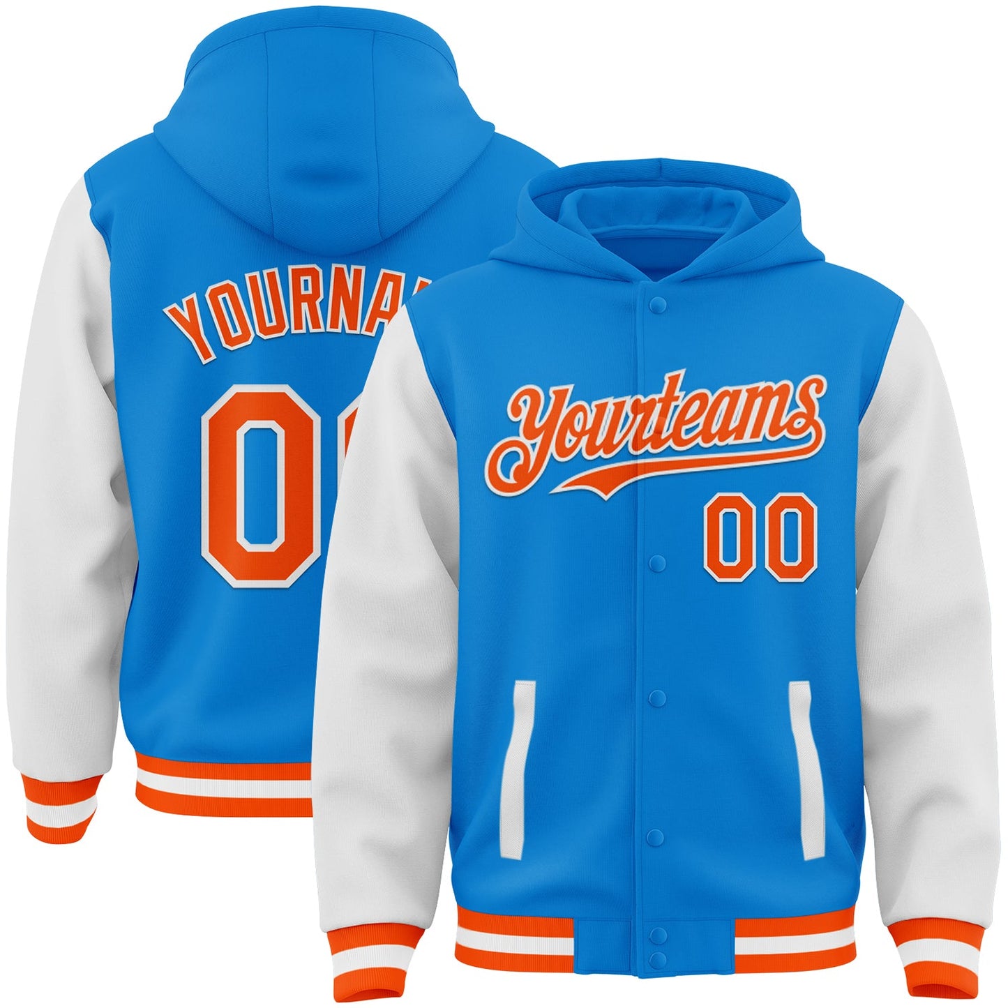 Custom Powder Blue Orange-White Bomber Full-Snap Varsity Letterman Two Tone Hoodie Jacket - Main View