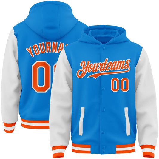 Custom Powder Blue Orange-White Bomber Full-Snap Varsity Letterman Two Tone Hoodie Jacket - Main View