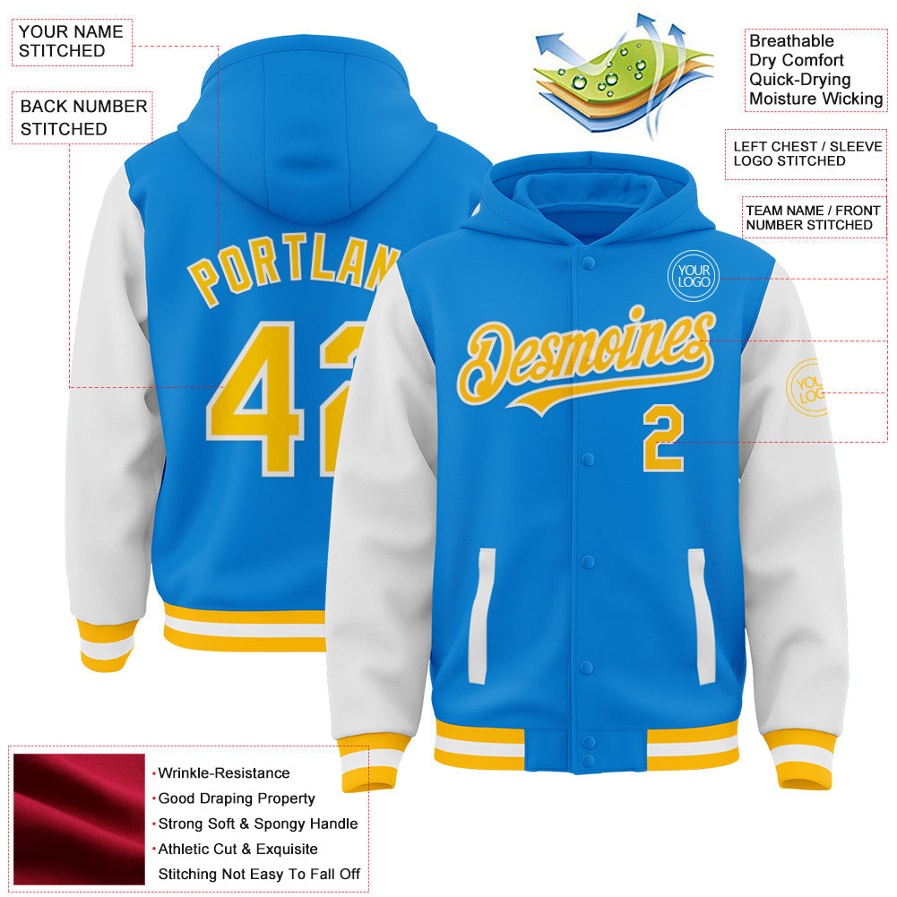 Custom Powder Blue Gold-White Bomber Full-Snap Varsity Letterman Two Tone Hoodie Jacket view 3
