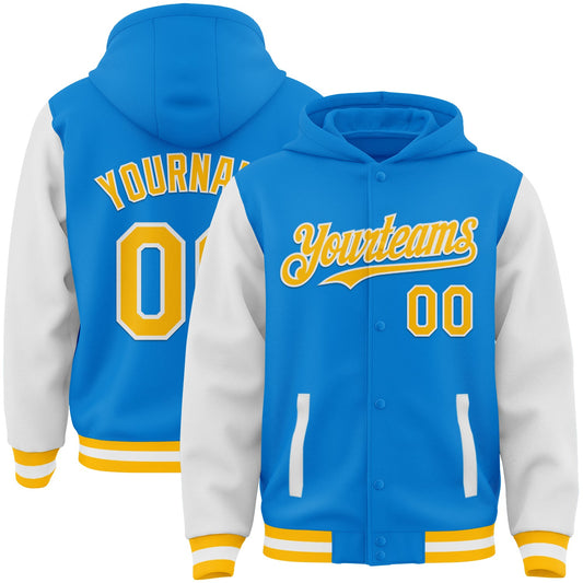 Custom Powder Blue Gold-White Bomber Full-Snap Varsity Letterman Two Tone Hoodie Jacket - Main View