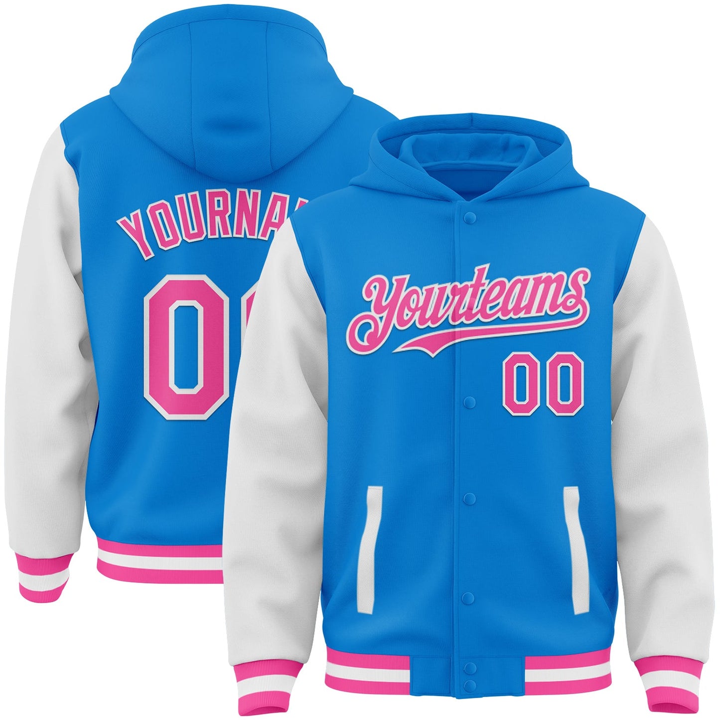 Custom Powder Blue Pink-White Bomber Full-Snap Varsity Letterman Two Tone Hoodie Jacket - Main View