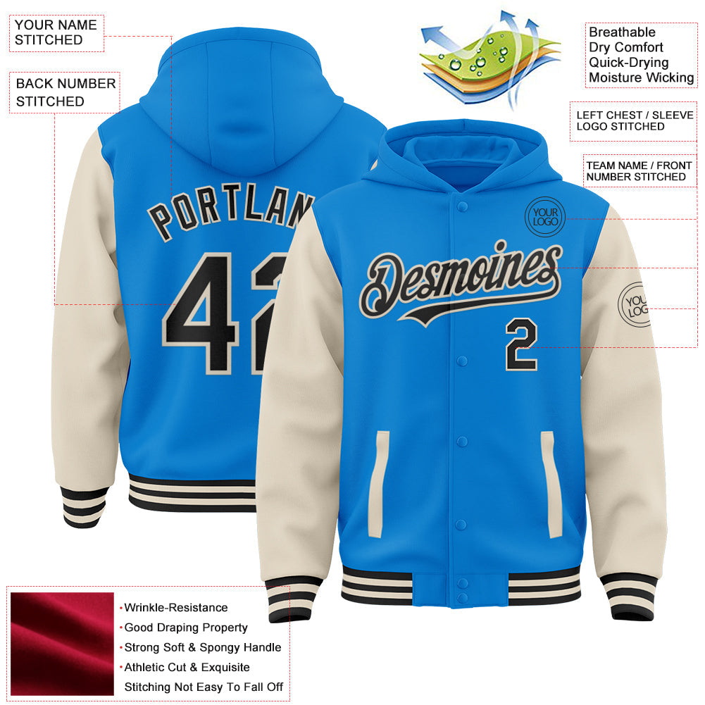 Custom Powder Blue Black-Cream Bomber Full-Snap Varsity Letterman Two Tone Hoodie Jacket view 3