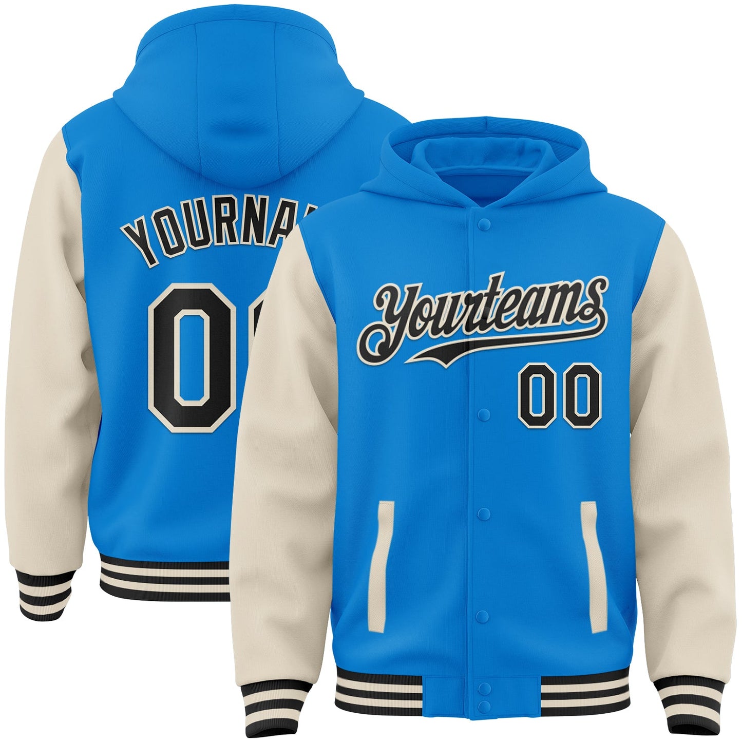 Custom Powder Blue Black-Cream Bomber Full-Snap Varsity Letterman Two Tone Hoodie Jacket - Main View