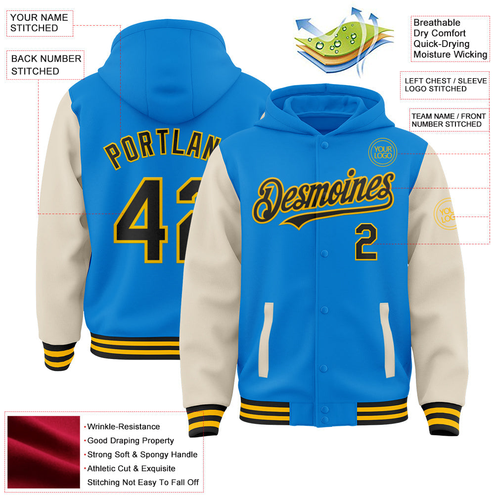Custom Powder Blue Black Cream-Gold Bomber Full-Snap Varsity Letterman Two Tone Hoodie Jacket view 3