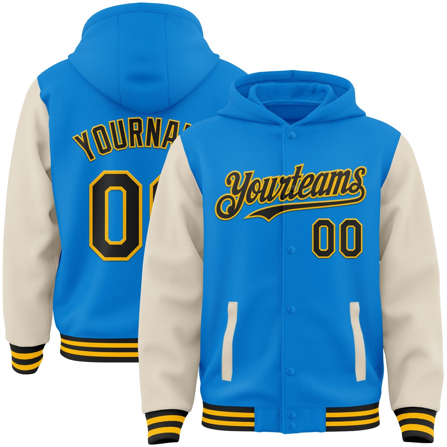 Custom Powder Blue Black Cream-Gold Bomber Full-Snap Varsity Letterman Two Tone Hoodie Jacket - Main View