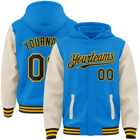 Custom Powder Blue Black Cream-Gold Bomber Full-Snap Varsity Letterman Two Tone Hoodie Jacket - Main View