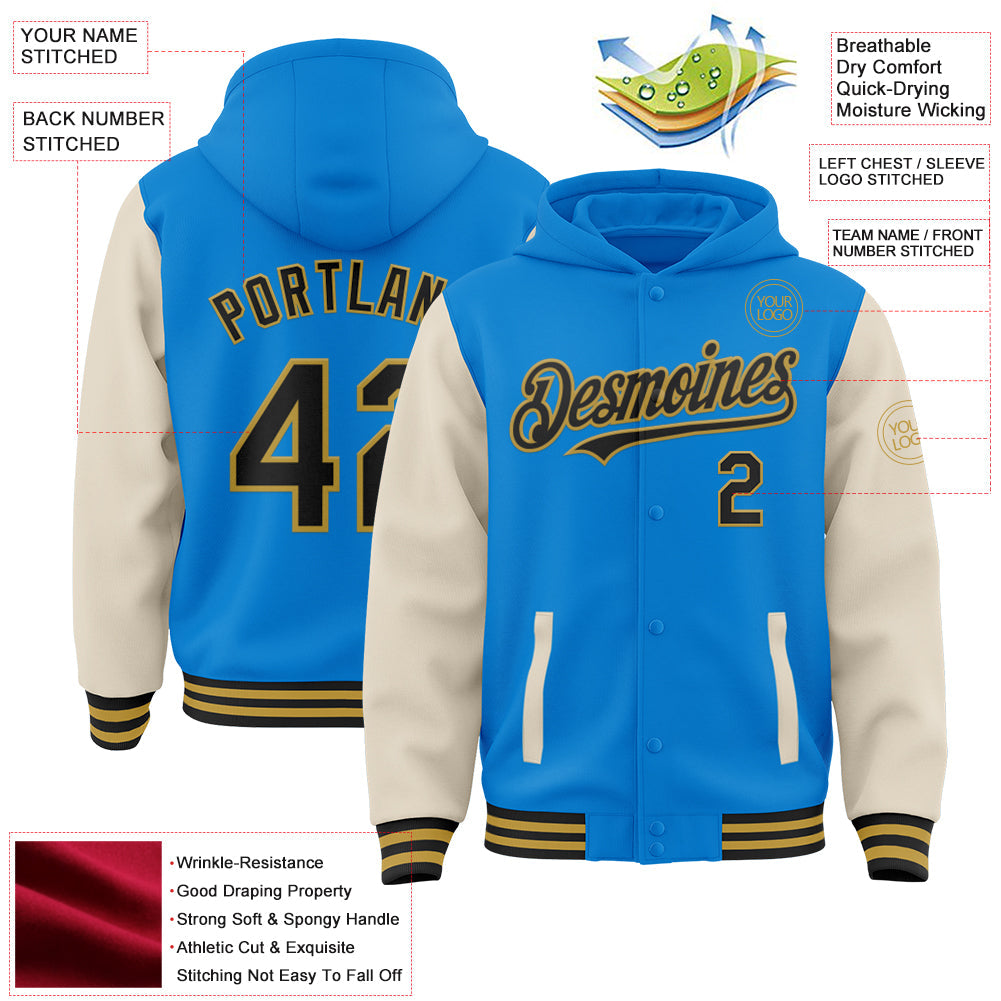Custom Powder Blue Black Cream-Old Gold Bomber Full-Snap Varsity Letterman Two Tone Hoodie Jacket view 3