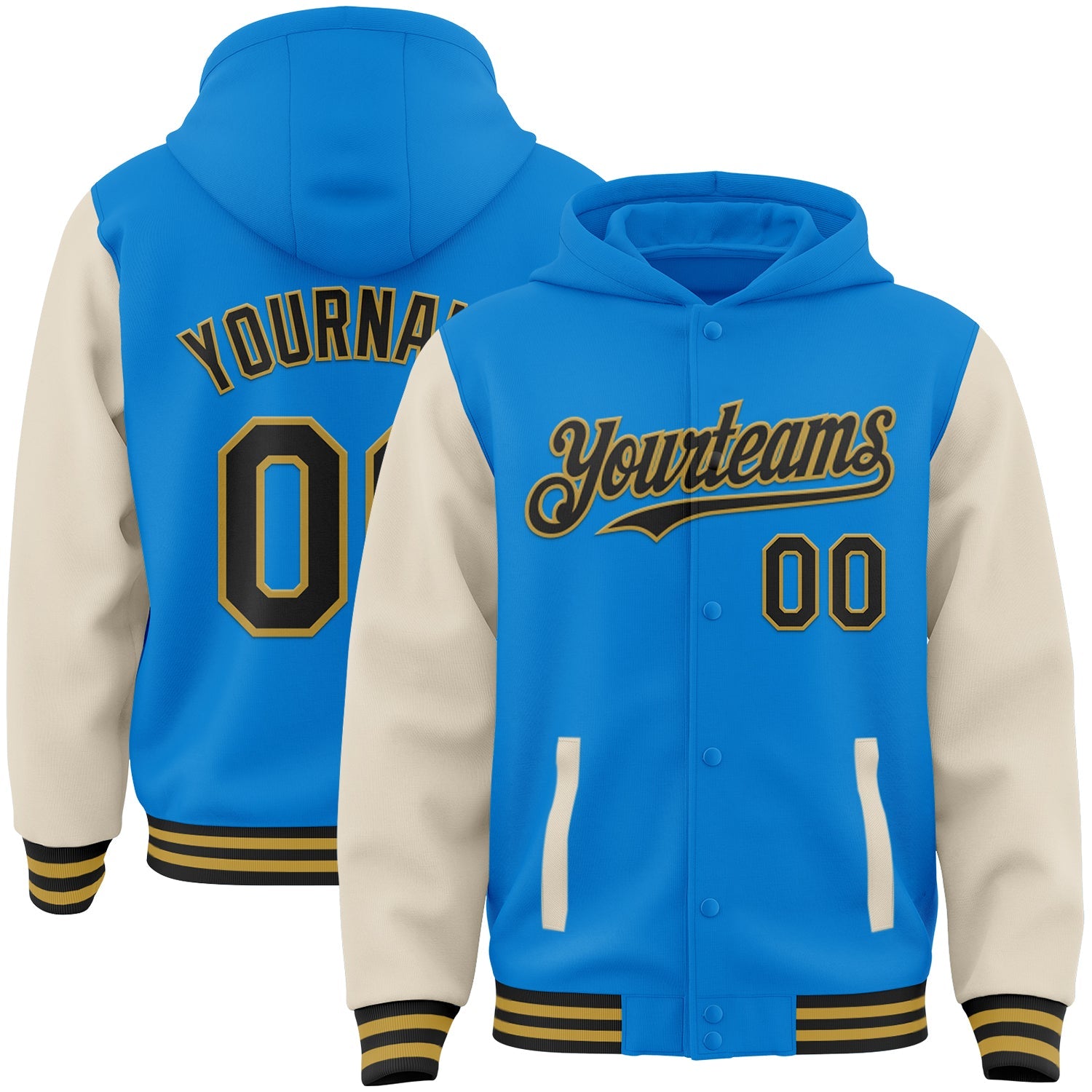 Custom Powder Blue Black Cream-Old Gold Bomber Full-Snap Varsity Letterman Two Tone Hoodie Jacket - Main View