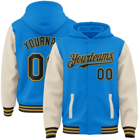 Custom Powder Blue Black Cream-Old Gold Bomber Full-Snap Varsity Letterman Two Tone Hoodie Jacket - Main View