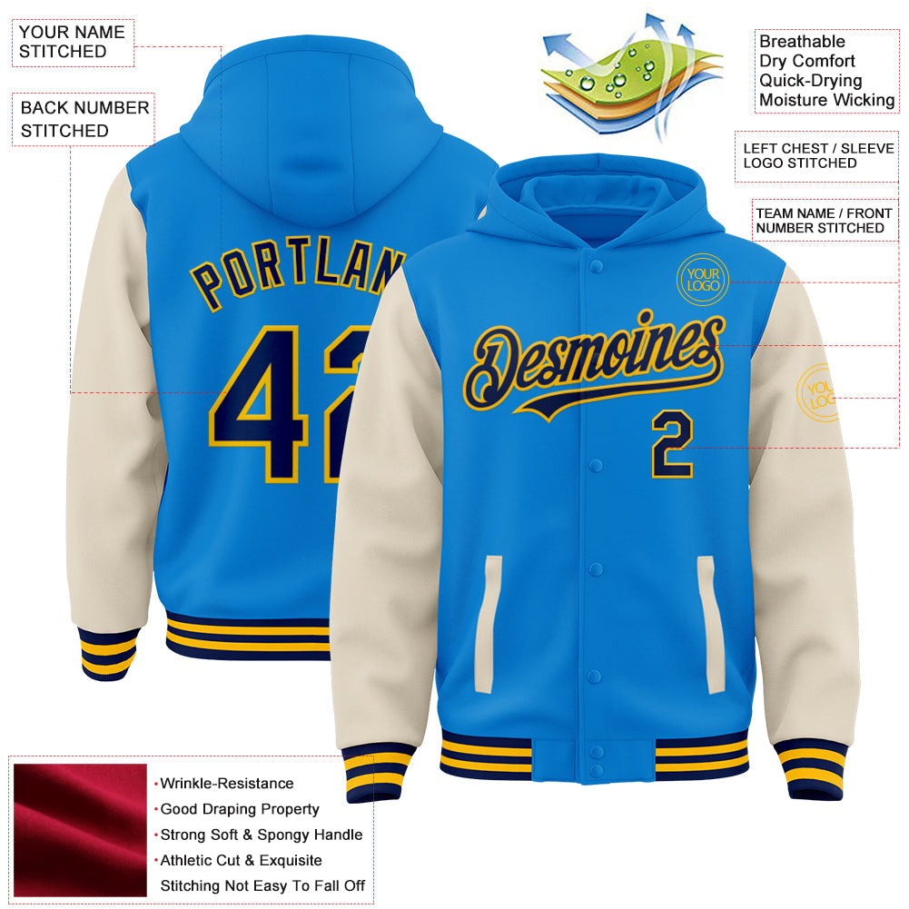 Custom Powder Blue Navy Cream-Gold Bomber Full-Snap Varsity Letterman Two Tone Hoodie Jacket view 3