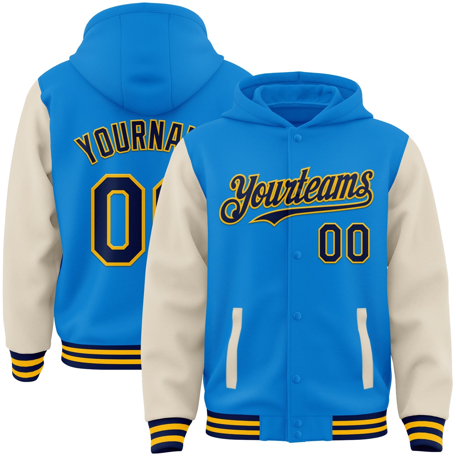 Custom Powder Blue Navy Cream-Gold Bomber Full-Snap Varsity Letterman Two Tone Hoodie Jacket - Main View