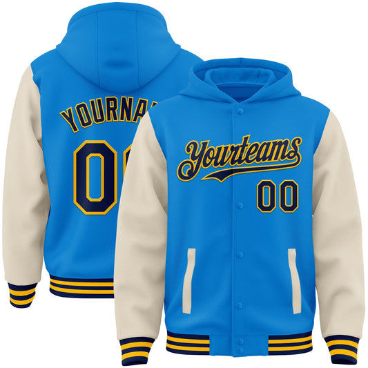 Custom Powder Blue Navy Cream-Gold Bomber Full-Snap Varsity Letterman Two Tone Hoodie Jacket - Main View