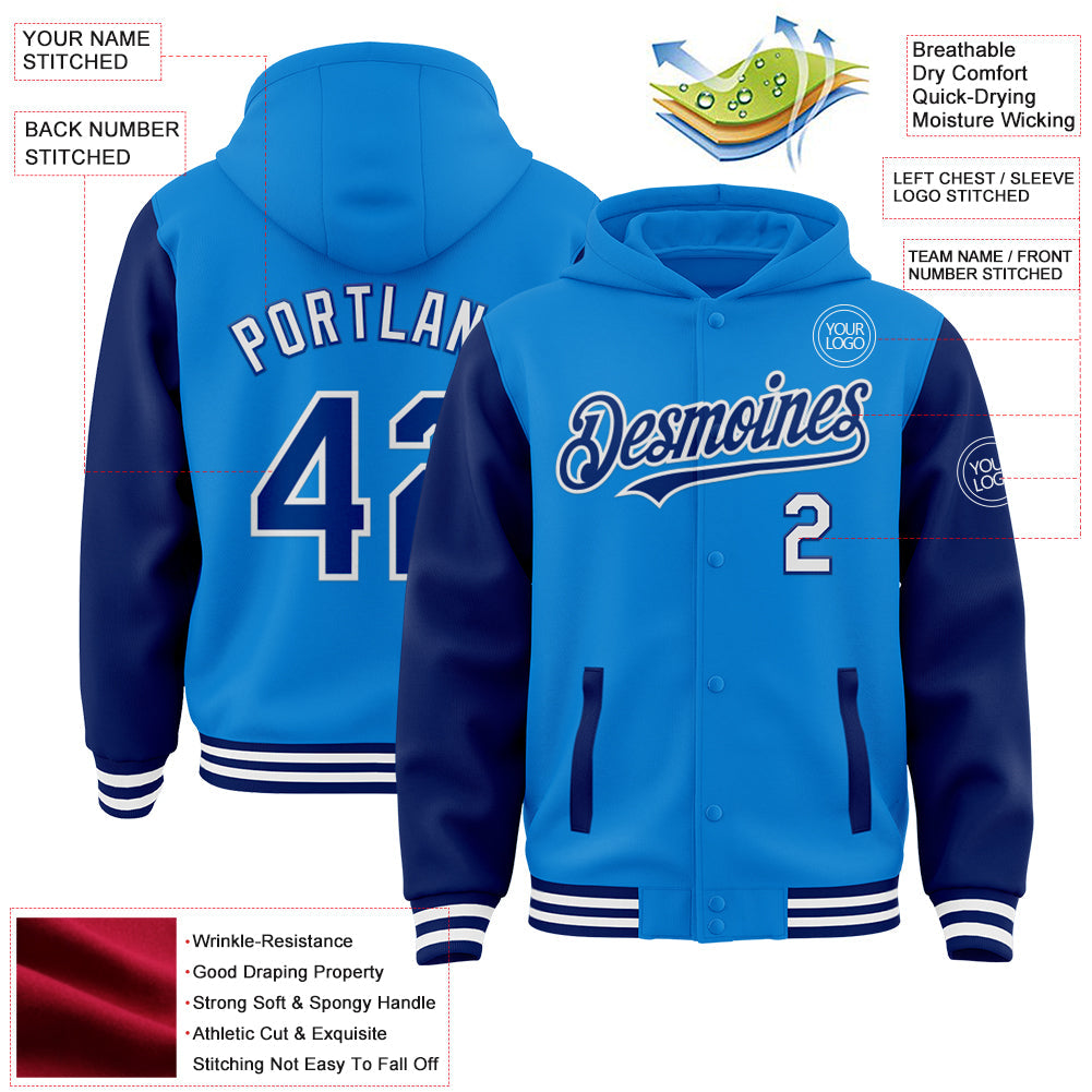 Custom Powder Blue Royal-White Bomber Full-Snap Varsity Letterman Two Tone Hoodie Jacket view 3
