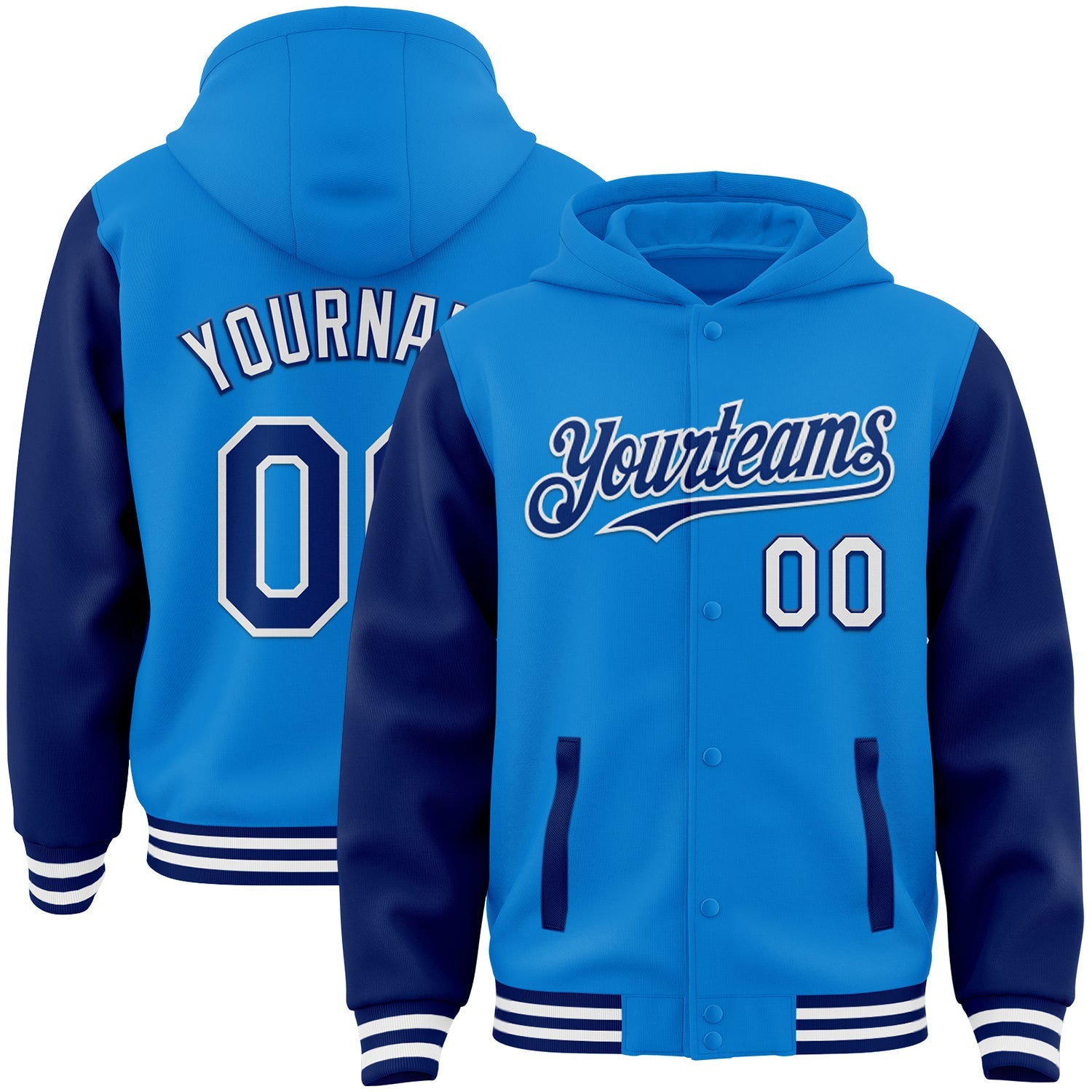 Custom Powder Blue Royal-White Bomber Full-Snap Varsity Letterman Two Tone Hoodie Jacket - Main View