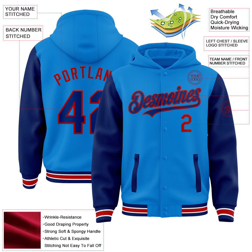Custom Powder Blue Royal-Red Bomber Full-Snap Varsity Letterman Two Tone Hoodie Jacket view 3