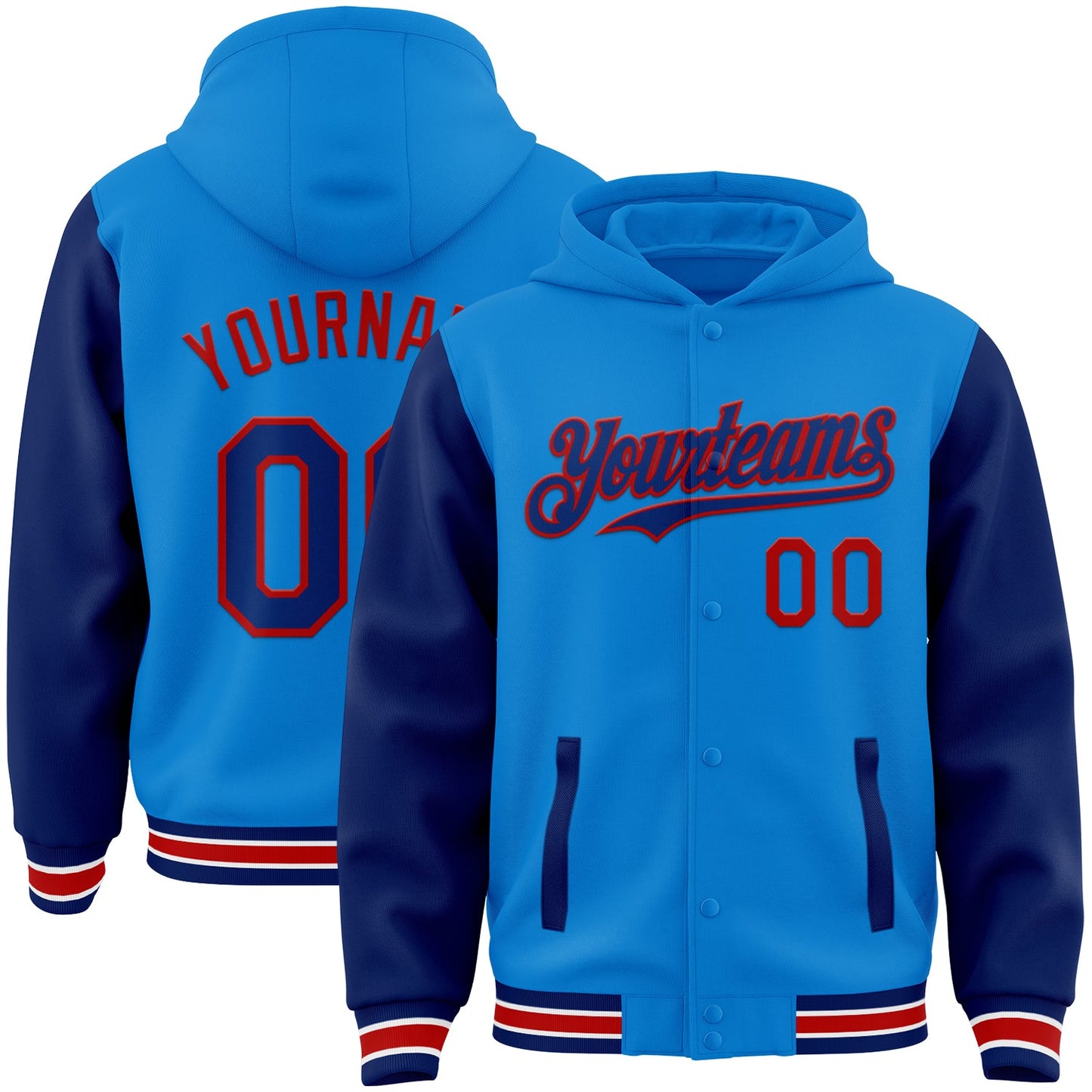 Custom Powder Blue Royal-Red Bomber Full-Snap Varsity Letterman Two Tone Hoodie Jacket - Main View