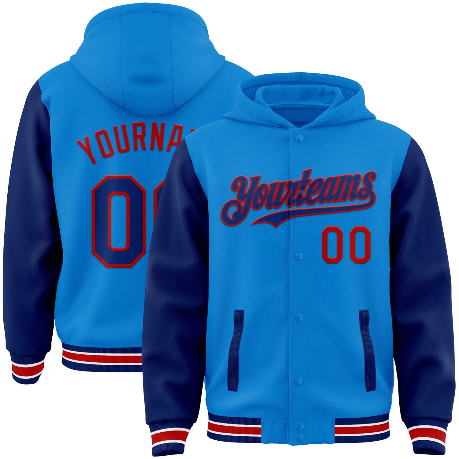 Custom Powder Blue Royal-Red Bomber Full-Snap Varsity Letterman Two Tone Hoodie Jacket - Main View