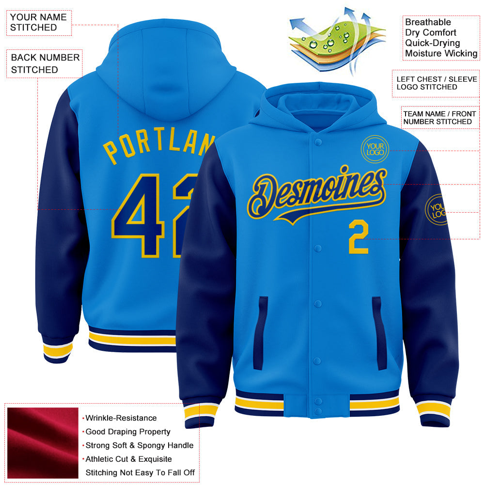 Custom Powder Blue Royal-Yellow Bomber Full-Snap Varsity Letterman Two Tone Hoodie Jacket view 3