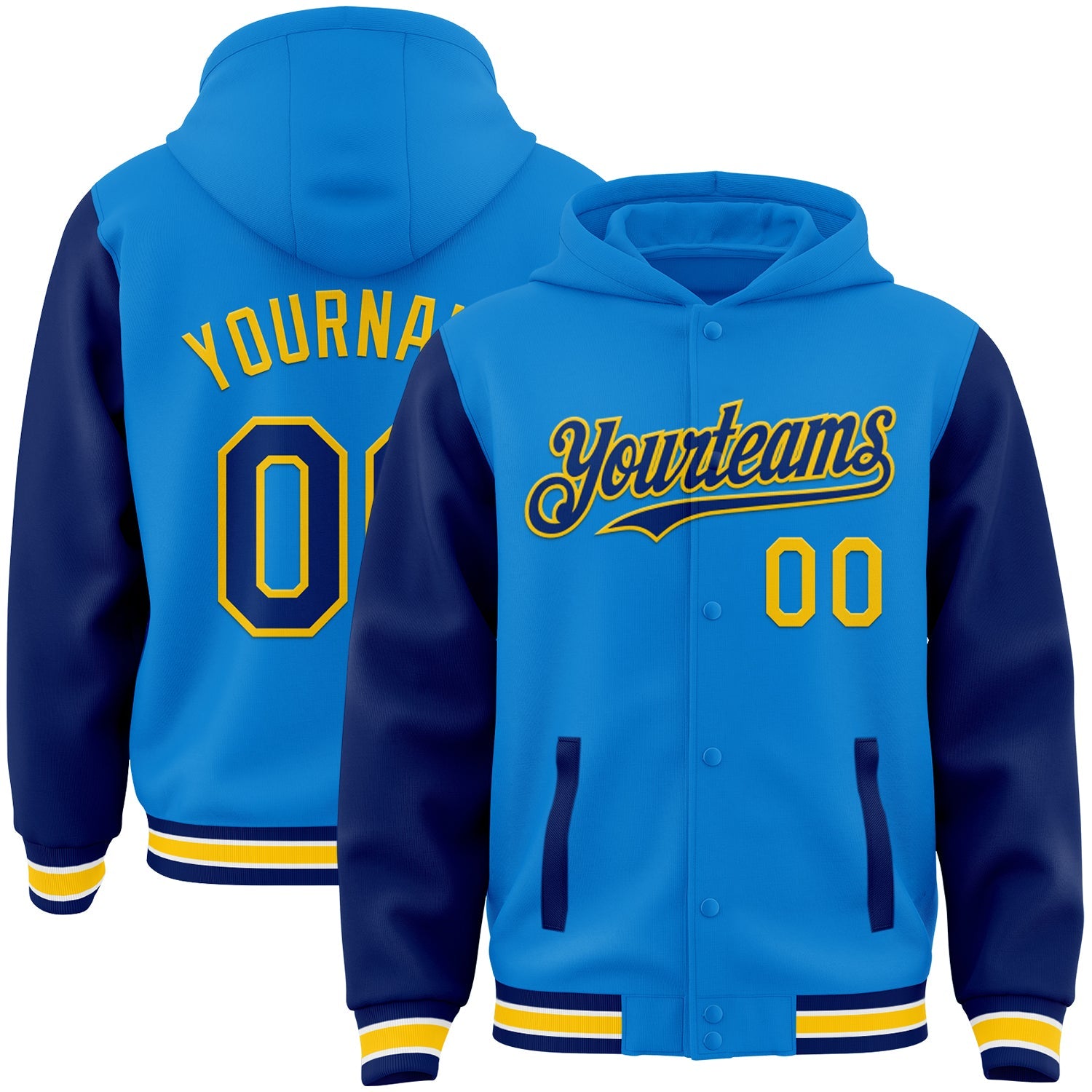Custom Powder Blue Royal-Yellow Bomber Full-Snap Varsity Letterman Two Tone Hoodie Jacket - Main View