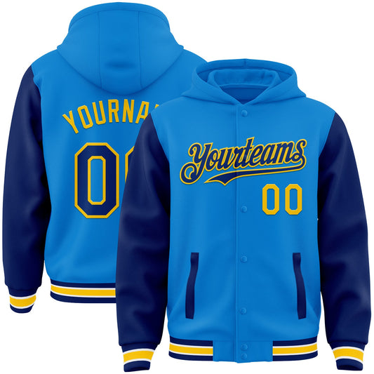 Custom Powder Blue Royal-Yellow Bomber Full-Snap Varsity Letterman Two Tone Hoodie Jacket - Main View