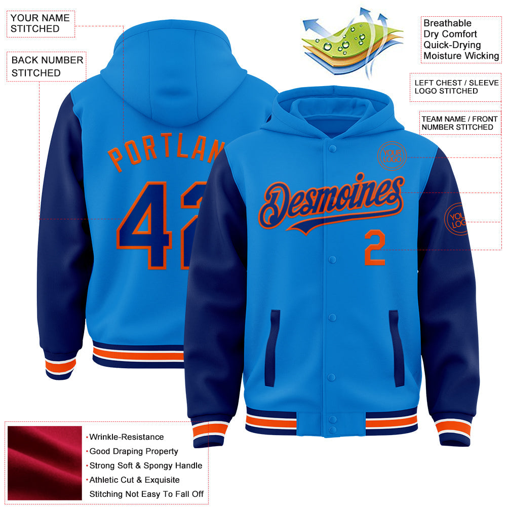 Custom Powder Blue Royal-Orange Bomber Full-Snap Varsity Letterman Two Tone Hoodie Jacket view 3
