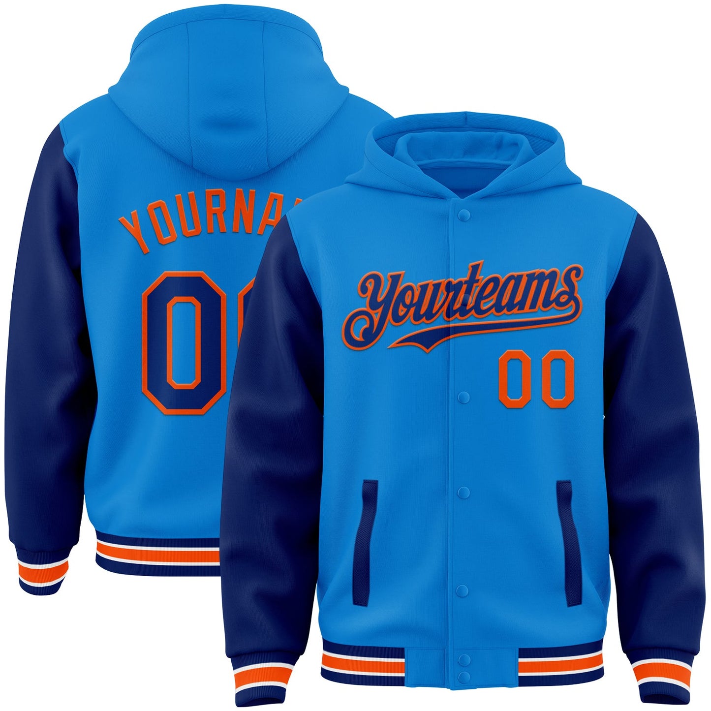 Custom Powder Blue Royal-Orange Bomber Full-Snap Varsity Letterman Two Tone Hoodie Jacket - Main View