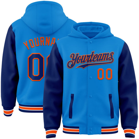 Custom Powder Blue Royal-Orange Bomber Full-Snap Varsity Letterman Two Tone Hoodie Jacket - Main View