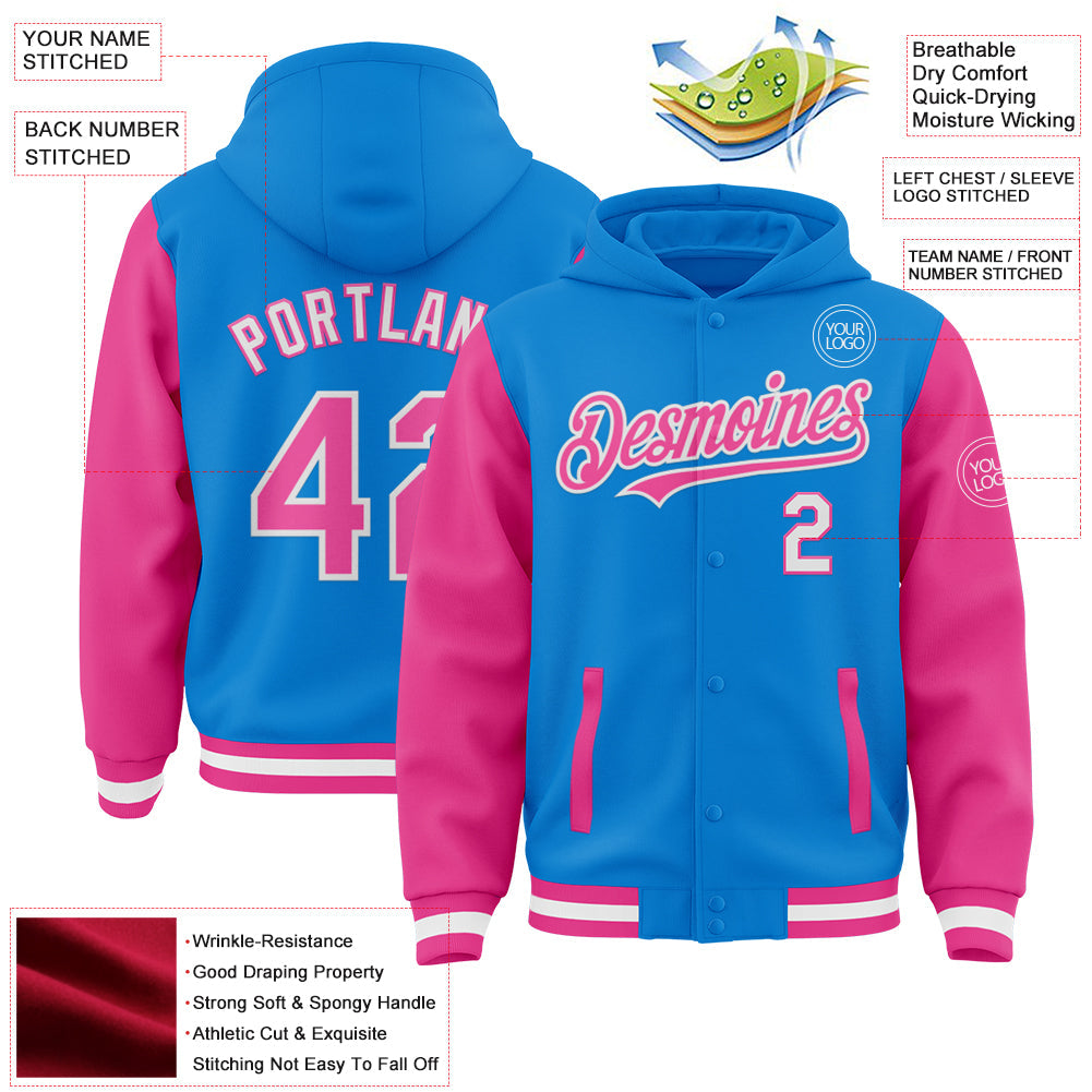 Custom Powder Blue Pink-White Bomber Full-Snap Varsity Letterman Two Tone Hoodie Jacket view 3