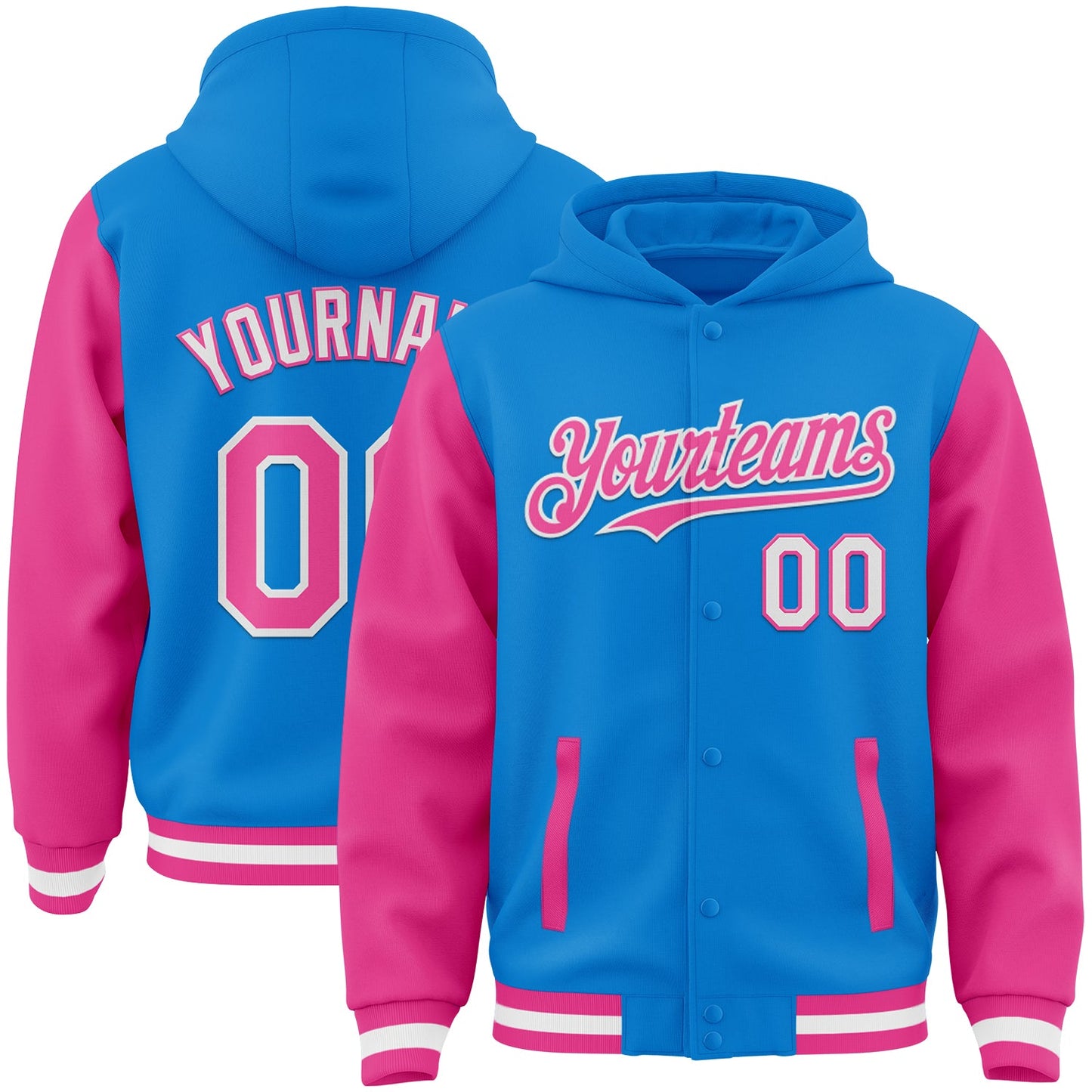 Custom Powder Blue Pink-White Bomber Full-Snap Varsity Letterman Two Tone Hoodie Jacket - Main View