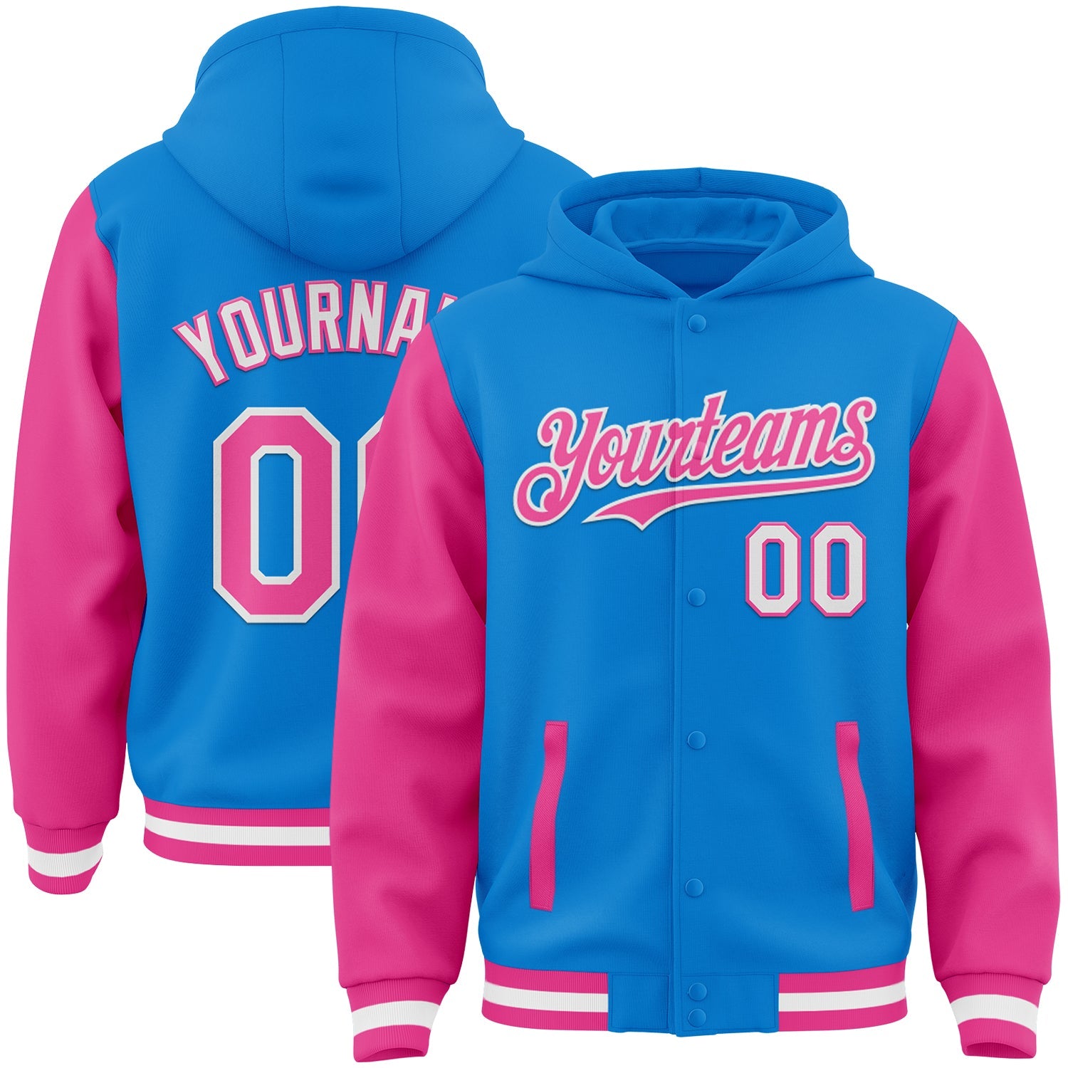 Custom Powder Blue Pink-White Bomber Full-Snap Varsity Letterman Two Tone Hoodie Jacket - Main View