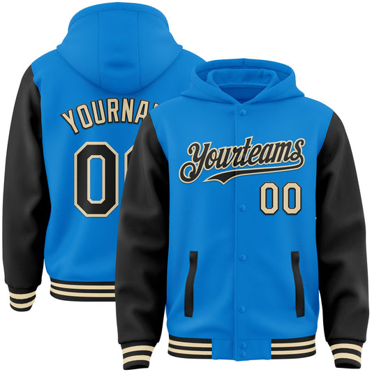 Custom Powder Blue Black-Cream Bomber Full-Snap Varsity Letterman Two Tone Hoodie Jacket - Main View
